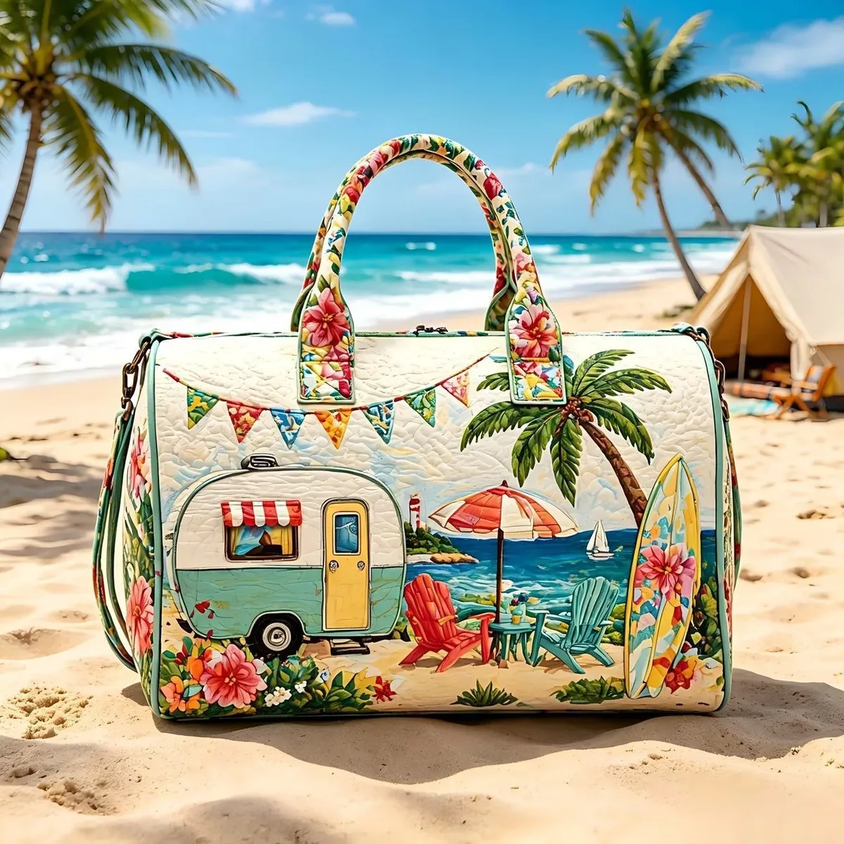 sac de voyage matelassé à bretelles réglables, en forme de voiture de camping, grande capacité, imprimé, pour la gym, le camping, la plage et les activités de plein air