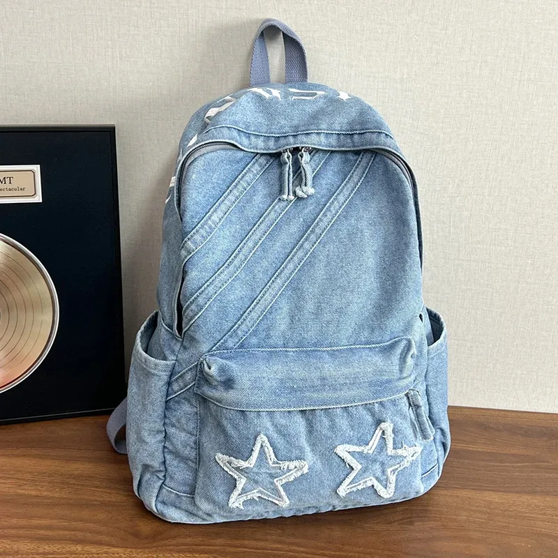 Sac à dos en jean vintage pour femme, grande capacité, sac à bandoulière en jean, sac à dos quotidien pour l'école et l'ordinateur portable, design simple