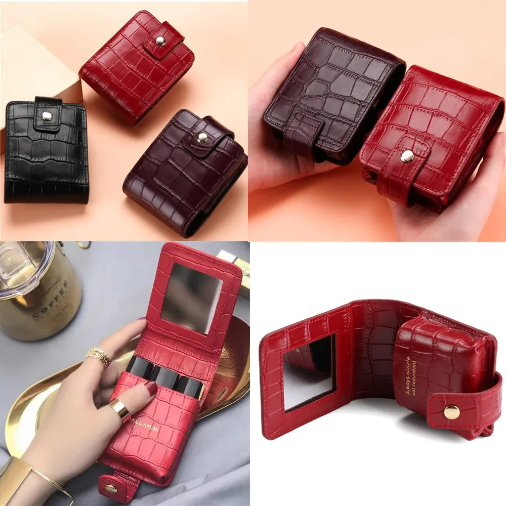 sac à rouge à lèvres en cuir pu pour femmes, sac à cosmétiques de voyage avec miroir, petits sacs de rangement, trousse de maquillage portable, mini organisateur de toilette