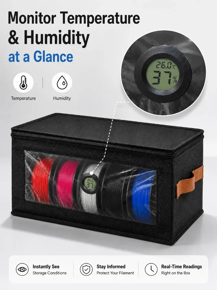 Boîte de rangement pour filament d'imprimante 3D, organisateur pliable non tissé avec hygromètre et fenêtre transparente pour la maison, le bureau et l'espace de travail d'impression 3D