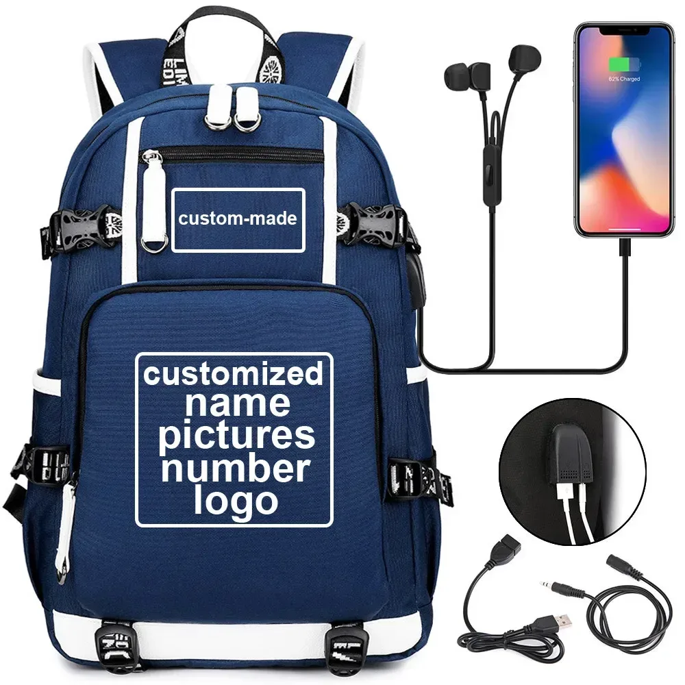 sac à dos en toile pour hommes et femmes, imprimé personnalisé, avec photo ou logo, pour enfants, garçons et filles, usb, pour ordinateur portable, grand sac de voyage