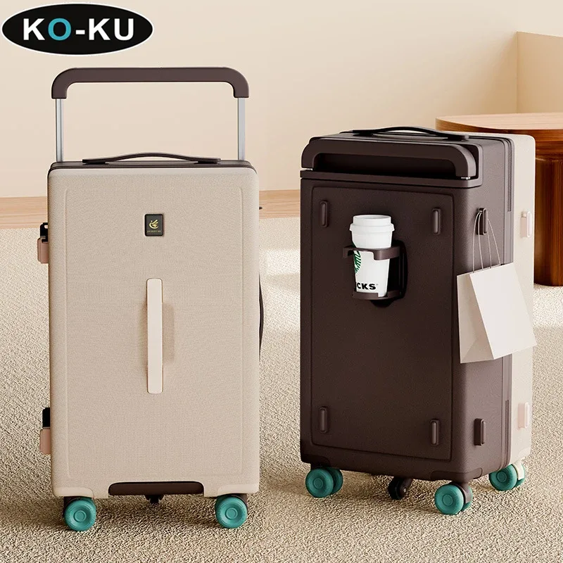 Valise multifonctionnelle KO-KU avec porte-gobelet, 20-28 pouces, poignée télescopique large, grande capacité, fermeture éclair anti-explosion.