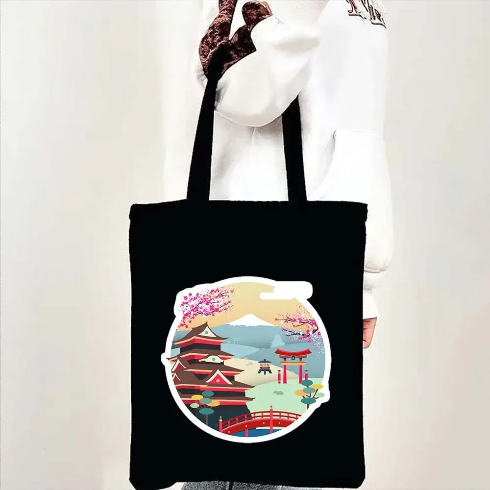 sac fourre-tout en toile à bandoulière pour le shopping, motif maneki neko, chat porte-bonheur japonais mignon, style mont fuji, style japonais, geisha de kyoto, tokyo japon