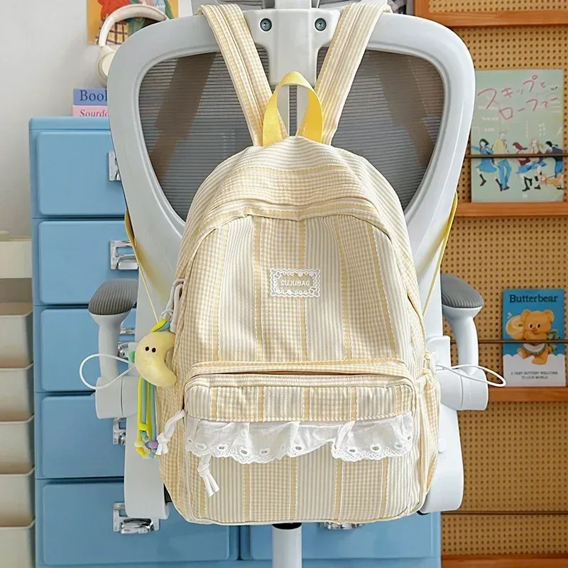 sac à dos coréen simple et esthétique en dentelle à volants, couleur unie, rayé, grande capacité, pour étudiantes, idéal pour l'école, les trajets quotidiens et les voyages
