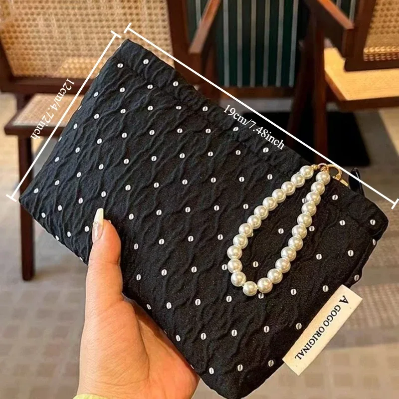 trousse de maquillage à pois avec fermeture éclair en perles, pochette cosmétique douce avec doublure, sac de rangement de toilette de voyage portable