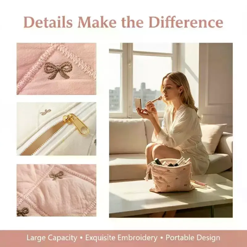 pochette cosmétique matelassée avec nœud brodé, grande capacité, multifonctionnelle, pour papeterie et stylos