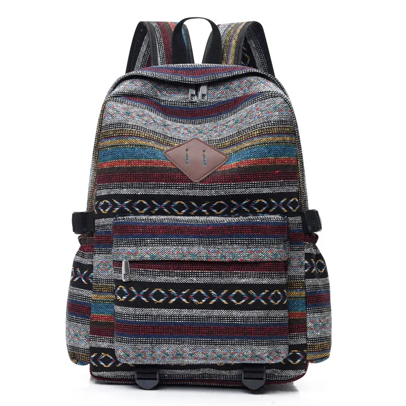 sac à dos de voyage décontracté en coton et lin, style ethnique, grande capacité, unisexe, pour loisirs en extérieur, résistant à l'usure, rayé