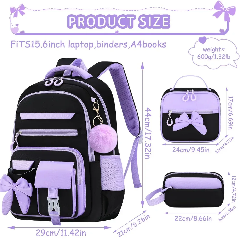 ensemble de 3 sacs à dos de dessin animé, sac à lunch, trousse à crayons, grande capacité, imperméable, nœud papillon, ensemble de sacs d'école en tissu oxford léger
