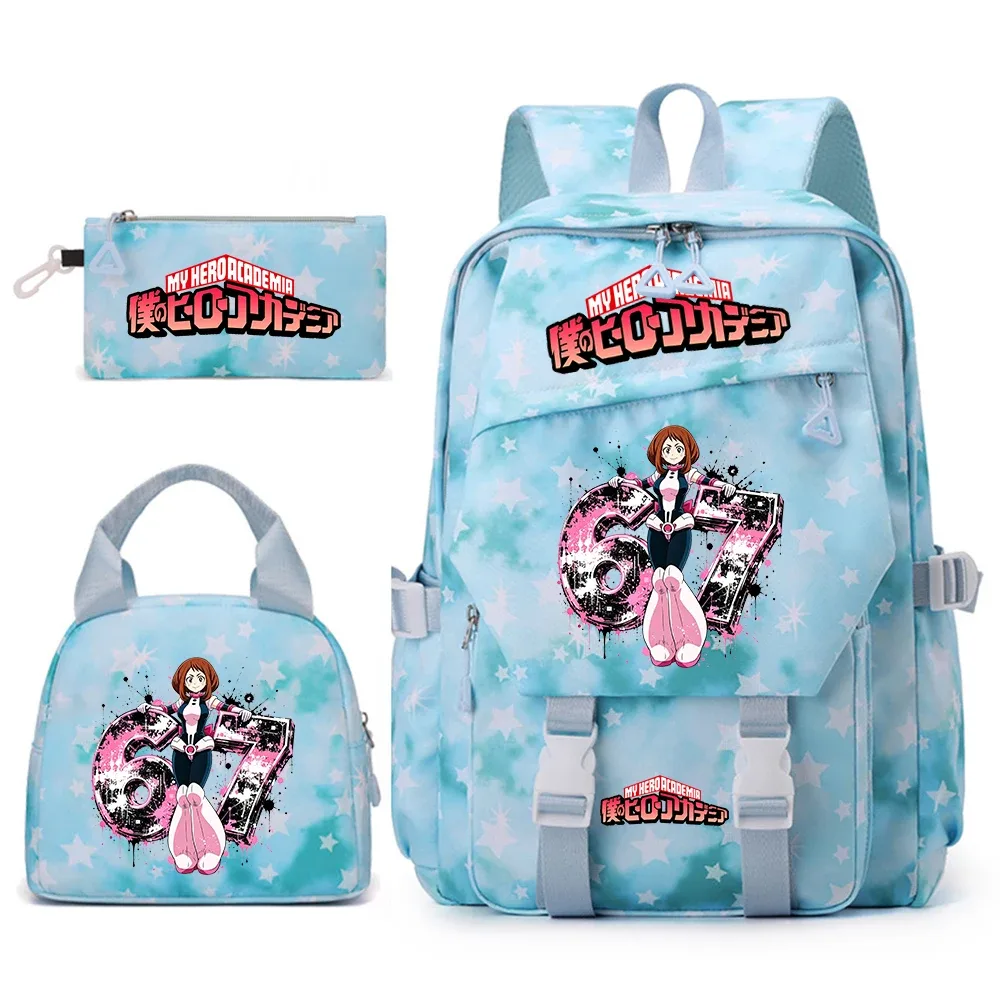 ensemble de sac à dos scolaire imprimé my hero academia ochaco uraraka 67 pour filles, sac à déjeuner, trousse à crayons, sac à dos décontracté
