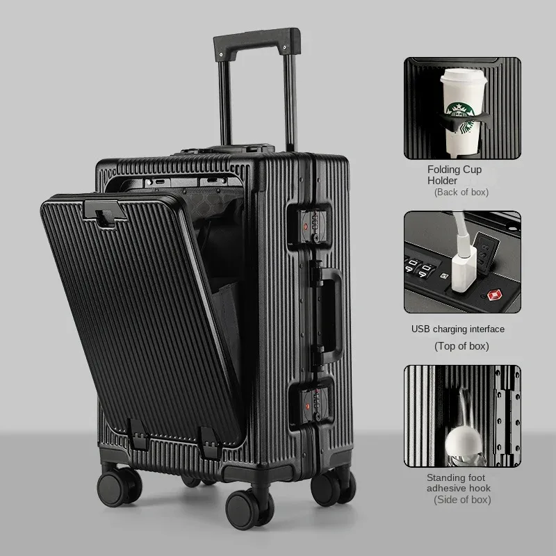 valise à ouverture frontale pour cabine, boîtier de chariot, cadre en aluminium de 20/24/26/28 pouces, bagages de grande capacité, chargement usb, serrure tsa, nouvelle collection