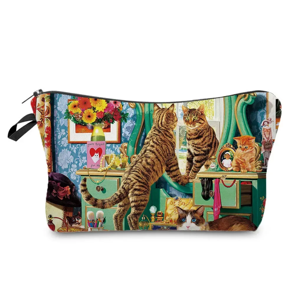 trousse de maquillage imprimée chat pour femme, peinture à l'huile, mode rétro, sacs à cosmétiques, haute qualité, étuis à crayons, sac cadeau portable, offre spéciale
