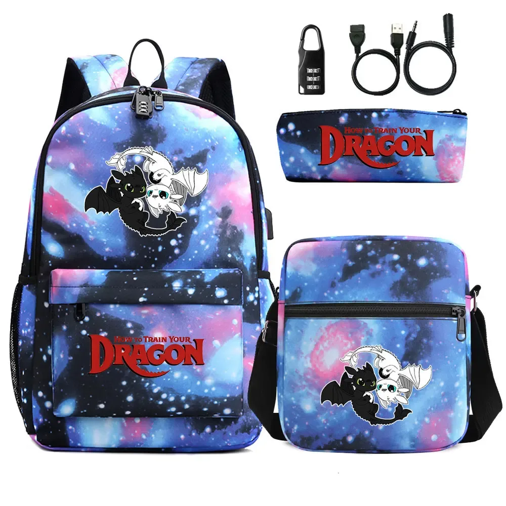 comment entraîner votre dragon 3 pièces usb antivol serrure garçon fille enfants retour à l'école livre sacs voyage sac à dos sac à bandoulière sacs à stylos