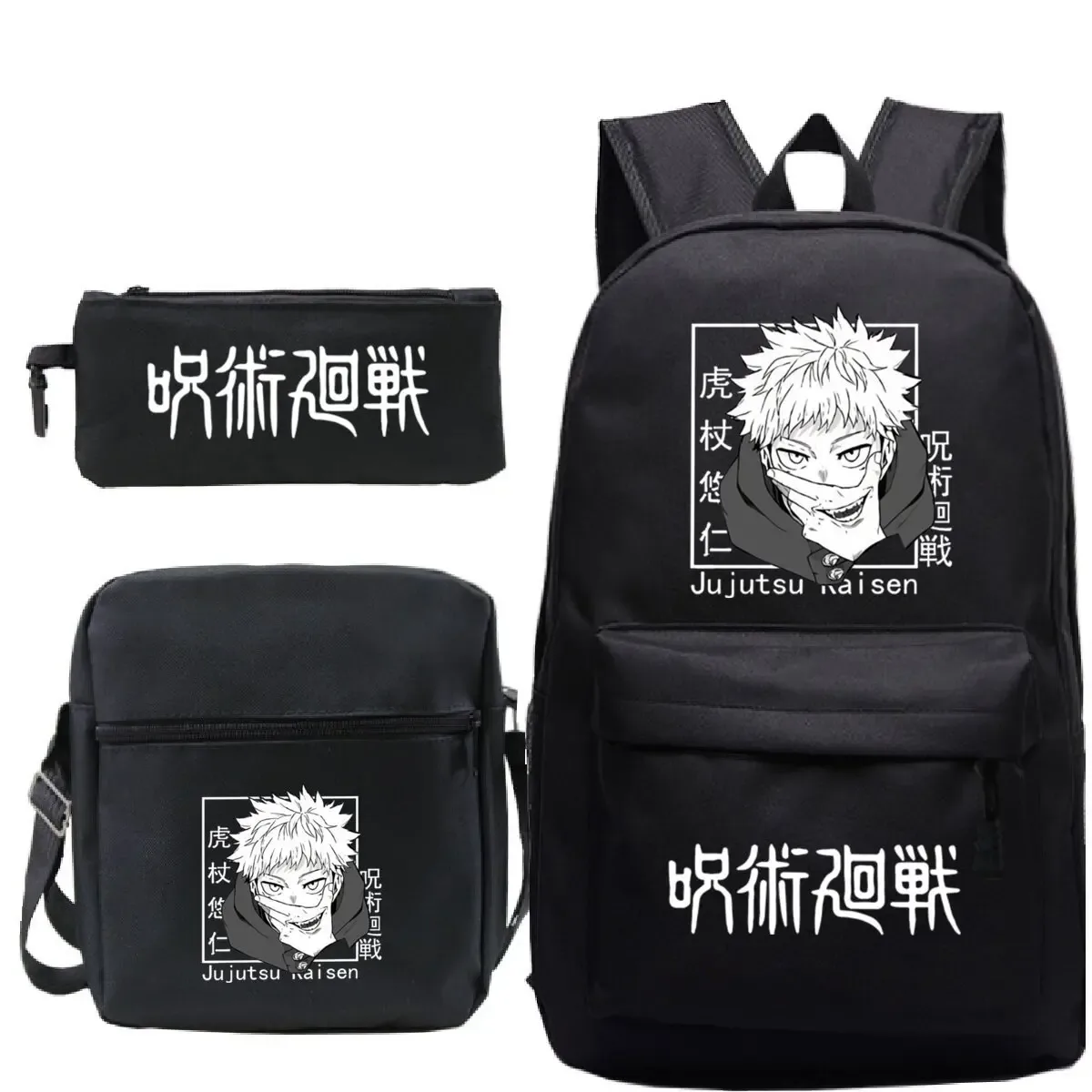 jujutsu kaisen sac à dos 3 pièces ensemble filles garçons sacs d'école noir cartable anime satoru gojo sac à dos pour ordinateur portable avec sacs à bandoulière