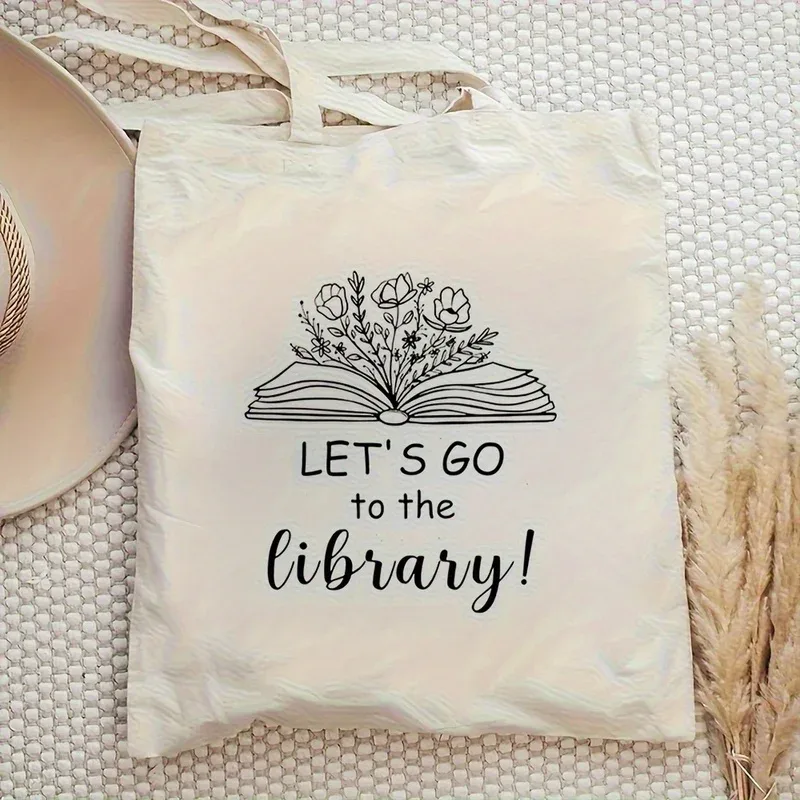 sac fourre-tout pour bibliothèque, sac léger en toile pour les amateurs de livres, motif livre ouvert et floral, sac de courses réutilisable blanc crème