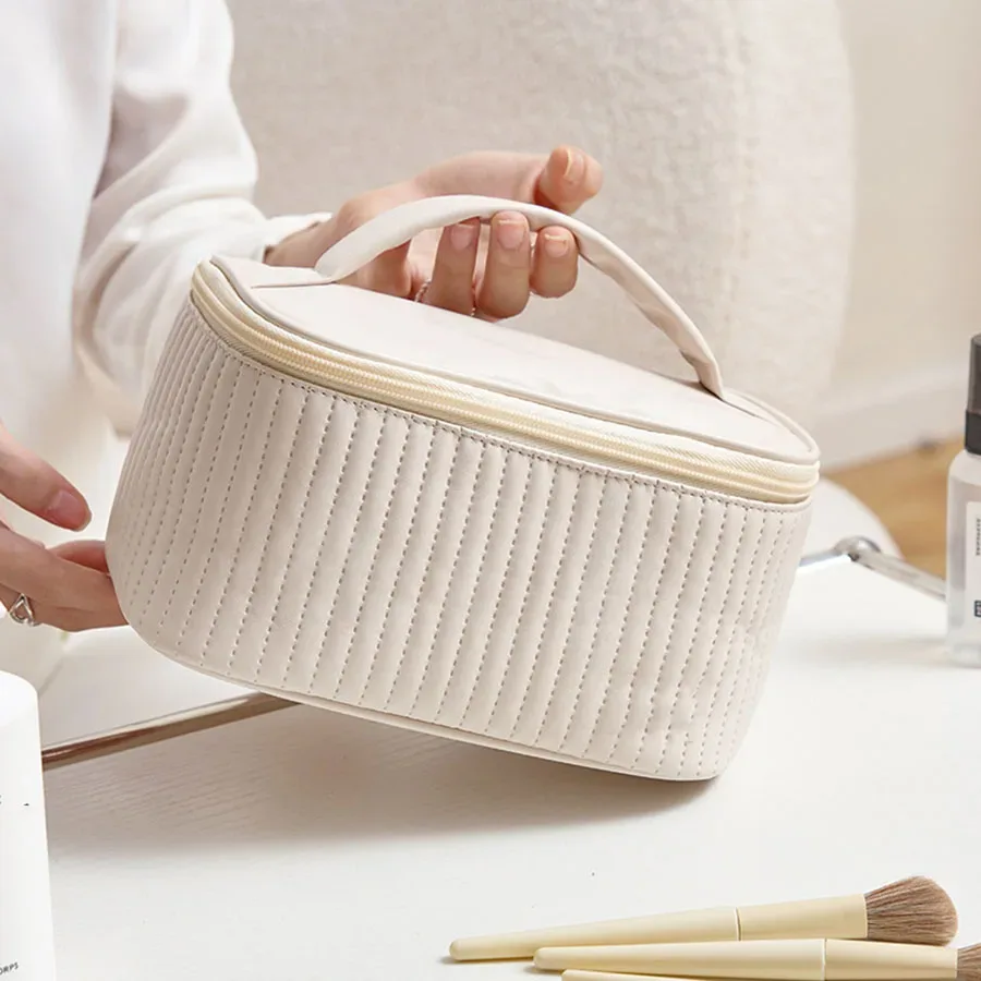 nouvelle trousse de maquillage portable de grande capacité en cuir pu de couleur unie pour femmes, sac de toilette de voyage, organisateur de cosmétiques
