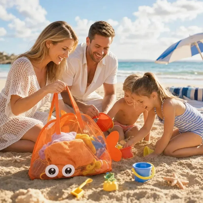 sac de plage en filet, forme de poisson mignon, grande capacité, séchage rapide, sac fourre-tout en filet pour la piscine, la collecte de coquillages, pliable et léger