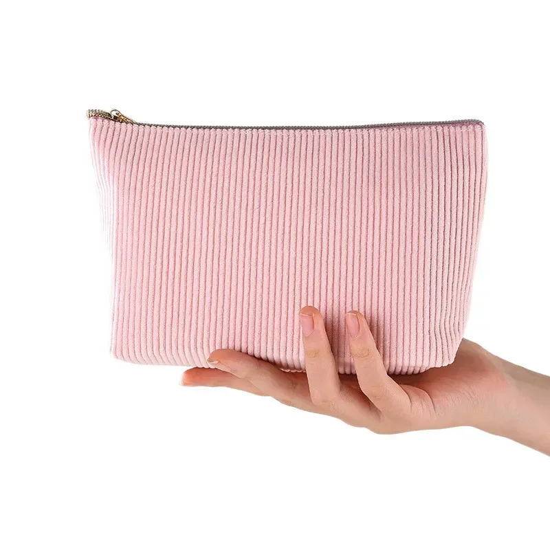trousse de maquillage en velours côtelé grande capacité avec fermeture éclair