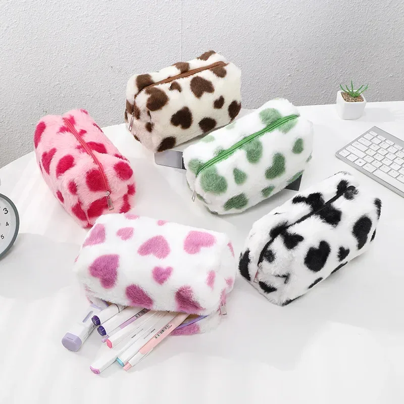 Sac à cosmétiques d'amour mignon, trousse de toilette en peluche douce pour fille, rangement de voyage, pochette de rangement de maquillage, trousse à crayons pour étudiant