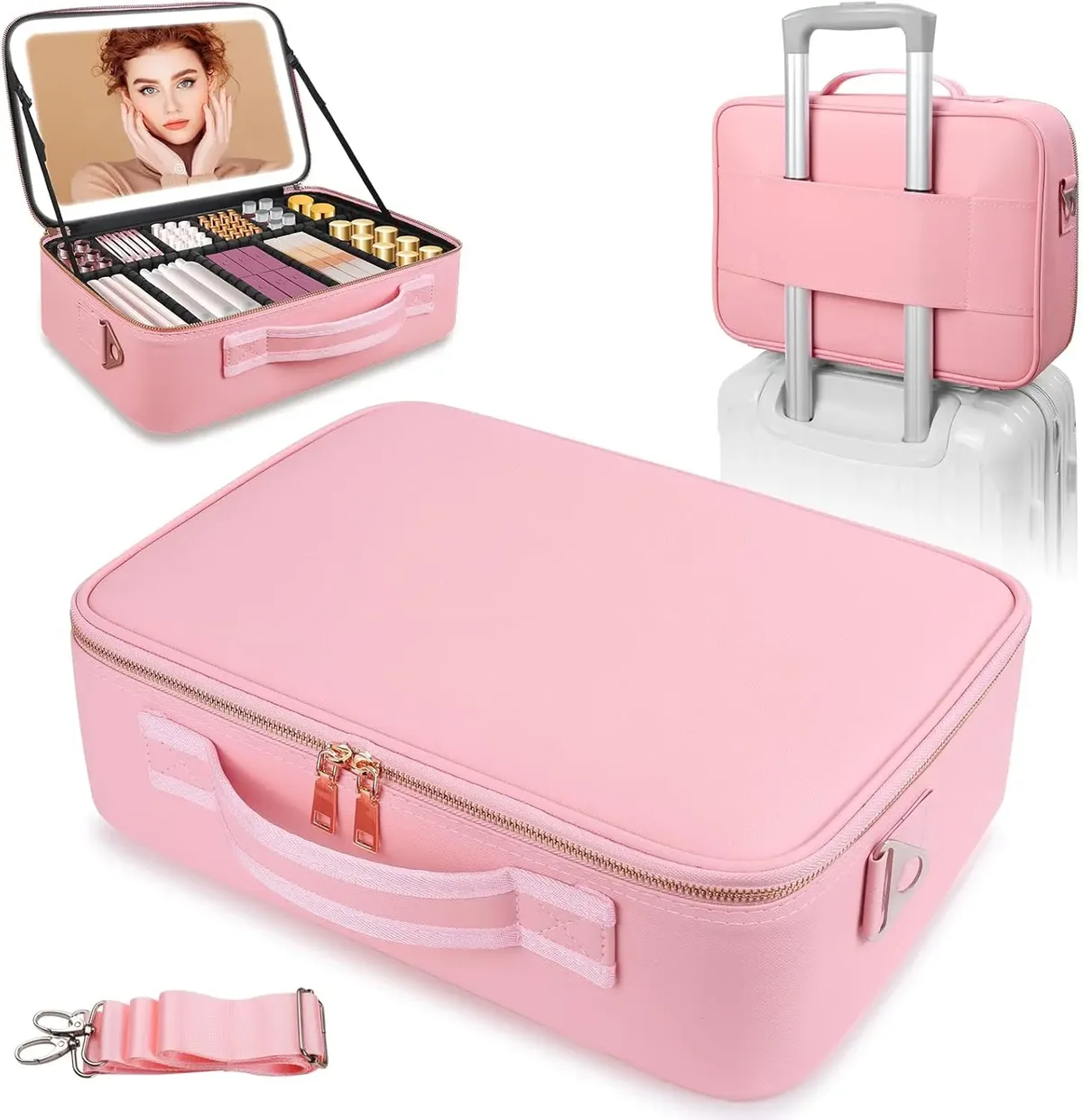 trousse de maquillage grande capacité 15''x11'' avec miroir led 3 couleurs, organiseur de maquillage, trousse de toilette de voyage