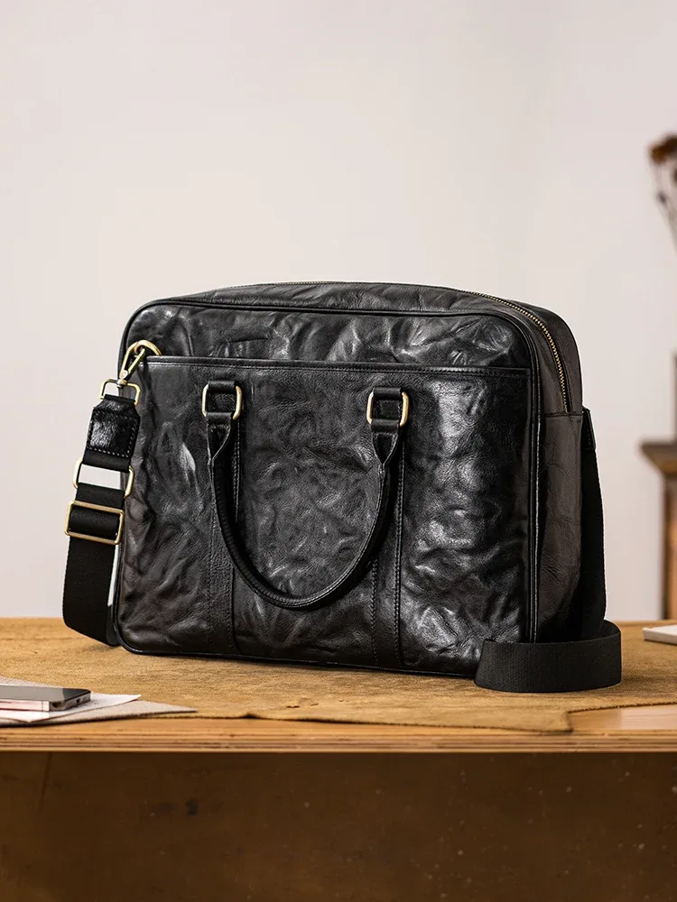 porte-documents simple et décontracté en cuir véritable pour hommes, grande capacité, travail d'affaires, luxe, cuir de vache, avocat, noir, sac à main pour ordinateur