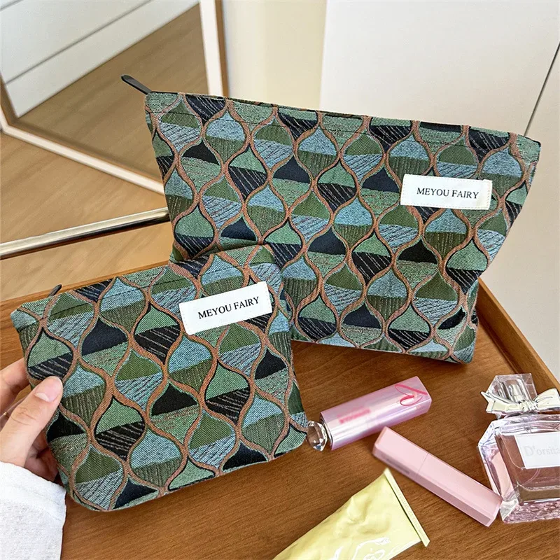 trousse de maquillage artistique de haute qualité à texture olive et blocs de couleurs, pochette cosmétique portable avec fermeture éclair, étui de rangement en toile pour articles de toilette