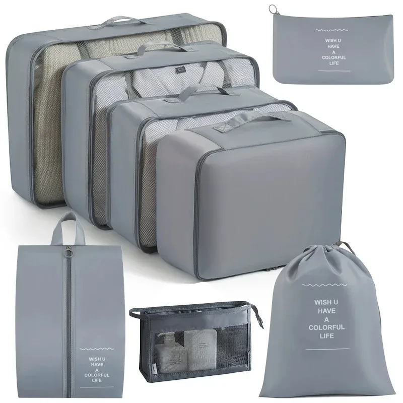 ensemble d'organisateurs de voyage 7/8/9 pièces, cubes de rangement pour valise, sacs de rangement portables pour bagages, pochette de rangement pour vêtements et chaussures, pliable