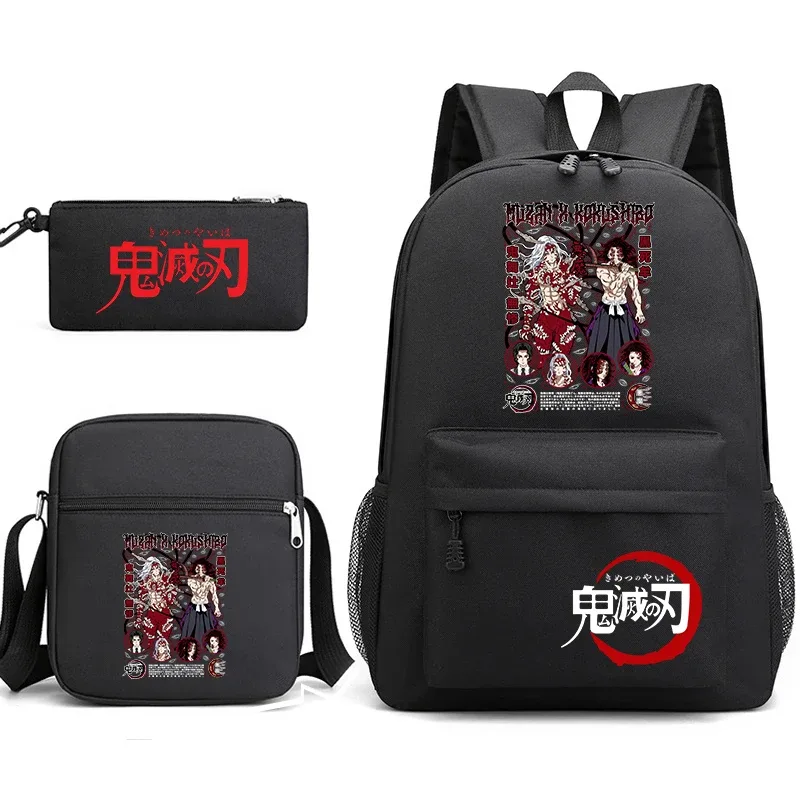 ensemble de sacs à dos d'école imprimés demon slayer, 3 pièces, avec sac à bandoulière, trousse à crayons pour garçons et filles