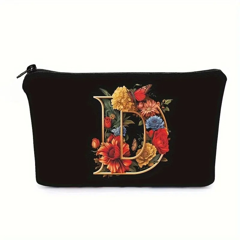 trousse de maquillage noire avec imprimés de 26 lettres de l'alphabet anglais, pochette à cosmétiques, sacs de rangement multifonctionnels