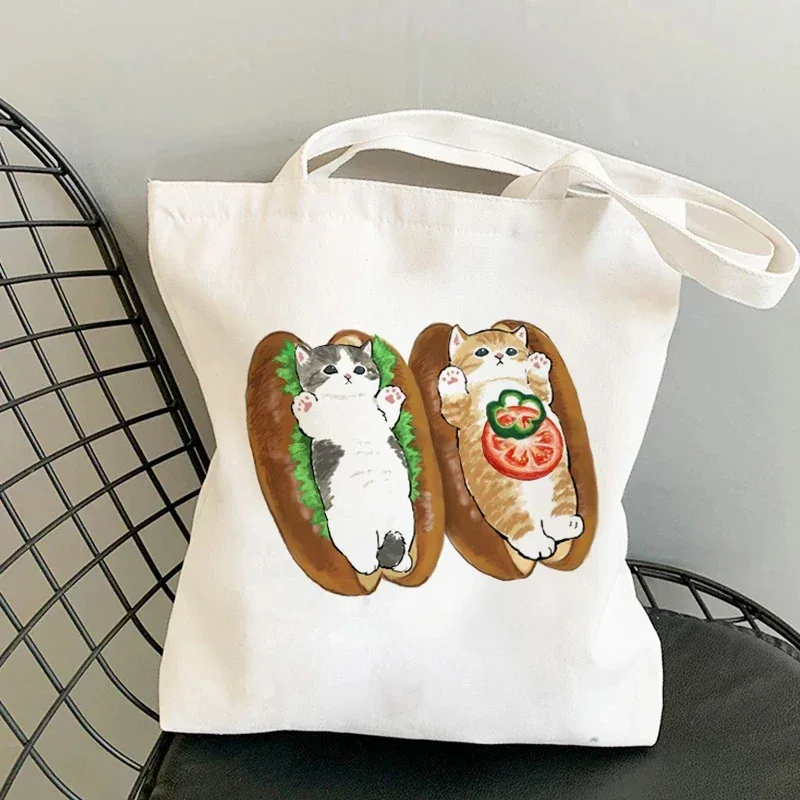 femme sacs à provisions kawaii dessin animé chats amusant sac fourre-tout shopper organisateur décontracté déjeuner sacs à main grande capacité toile sacs à bandoulière