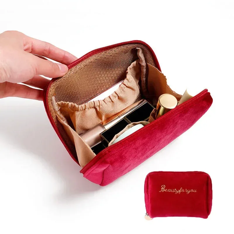 Trousse de maquillage en velours avec fermeture éclair pour femme, trousses de toilette, broderie de lettres, poudres cosmétiques, monochromatique, femme