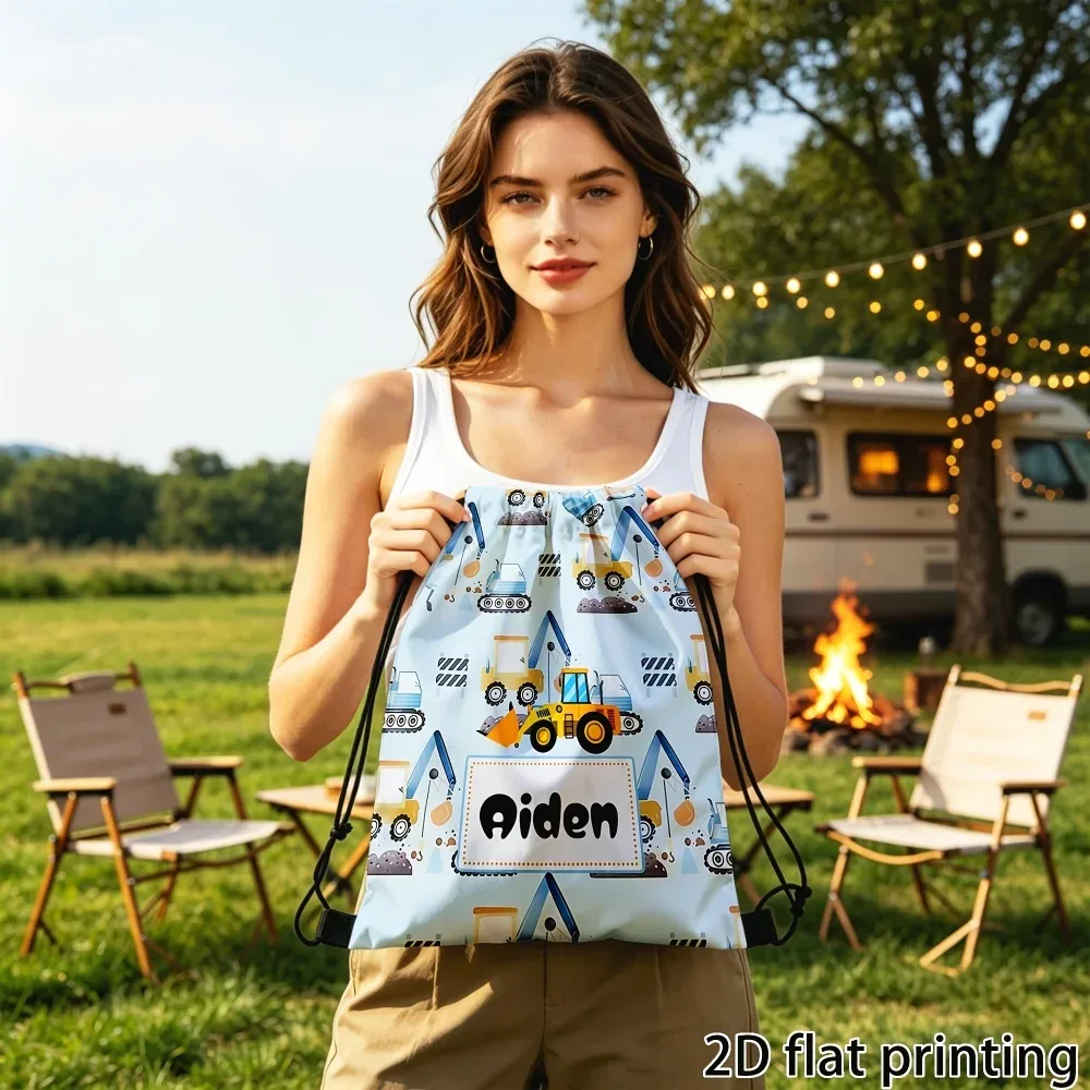 sac à cordon personnalisé avec nom/texte, pochette de rangement au design d'excavatrice mignon, sacs de voyage légers, sac à dos de sport, 1 pièce