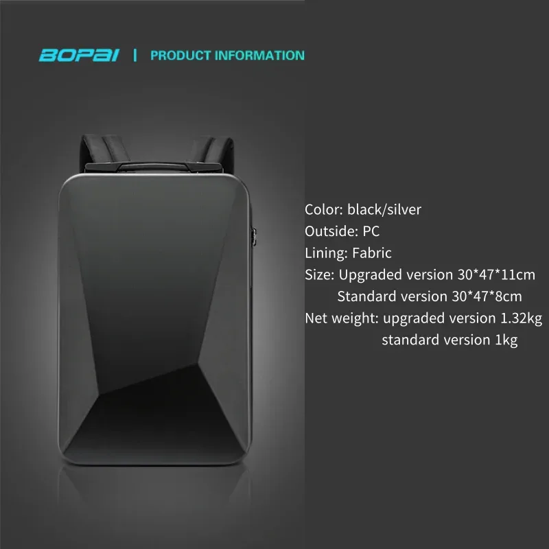 bopai coque rigide intelligente usb charge étanche 17.3 mince pochette d'ordinateur hommes sac à dos d'affaires extensible anti-vol sac à dos de jeu