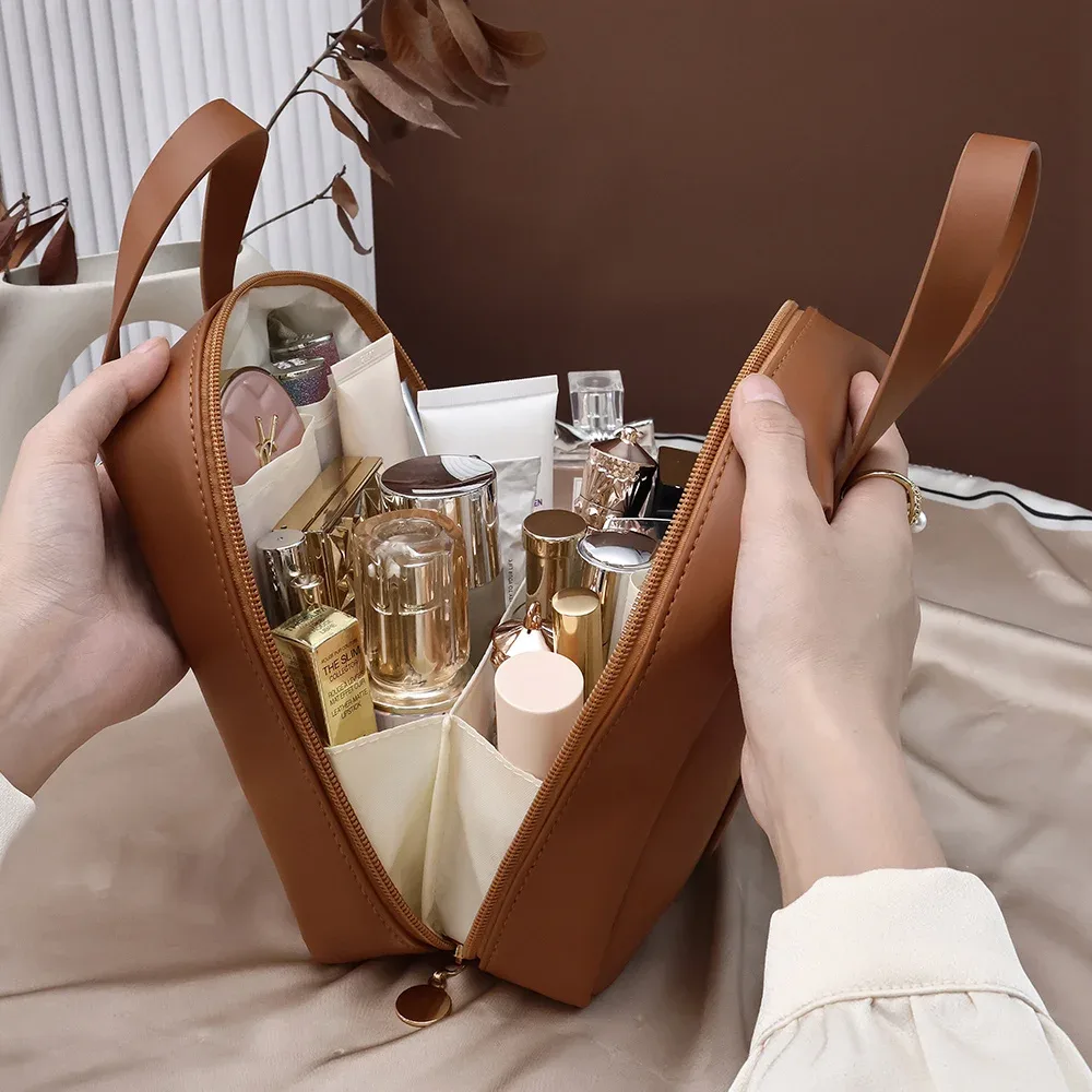 grande trousse de toilette de grande capacité, sac de rangement portable en cuir pu, organiseur de maquillage avec poignée