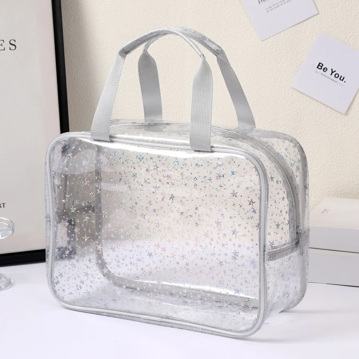 sac fourre-tout de voyage élégant en forme de cube de grande capacité, sac de maquillage imperméable à motif étoile, sac de rangement, trousse de toilette