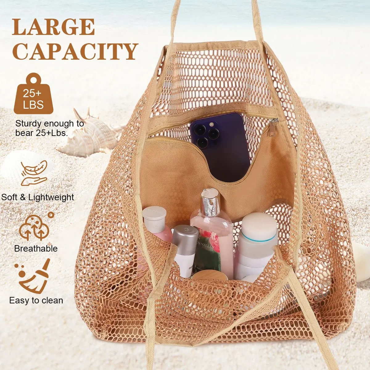 sac de plage grande capacité pour femme, pliable, en maille, sac de natation, sac à bandoulière tissé avec ouverture supérieure pour les voyages et le shopping