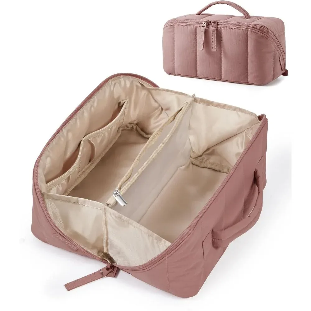 Nouvelle trousse de maquillage de voyage portable, imperméable, rembourrée, étui à cosmétiques qui s'ouvre à plat, grande capacité, trousse de toilette pour femmes