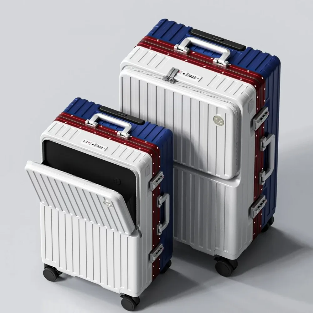 valise à ouverture frontale en pc avec cadre en aluminium, serrure tsa, porte-gobelet et port de charge 20/24/26 pouces