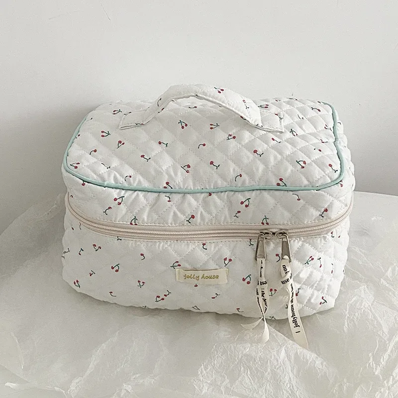 sac de maquillage en coton matelassé pour femmes, mignon, organisateur de cosmétiques à fermeture éclair, sac à main en tissu féminin en forme de boîte, trousse de toilette portable pour filles