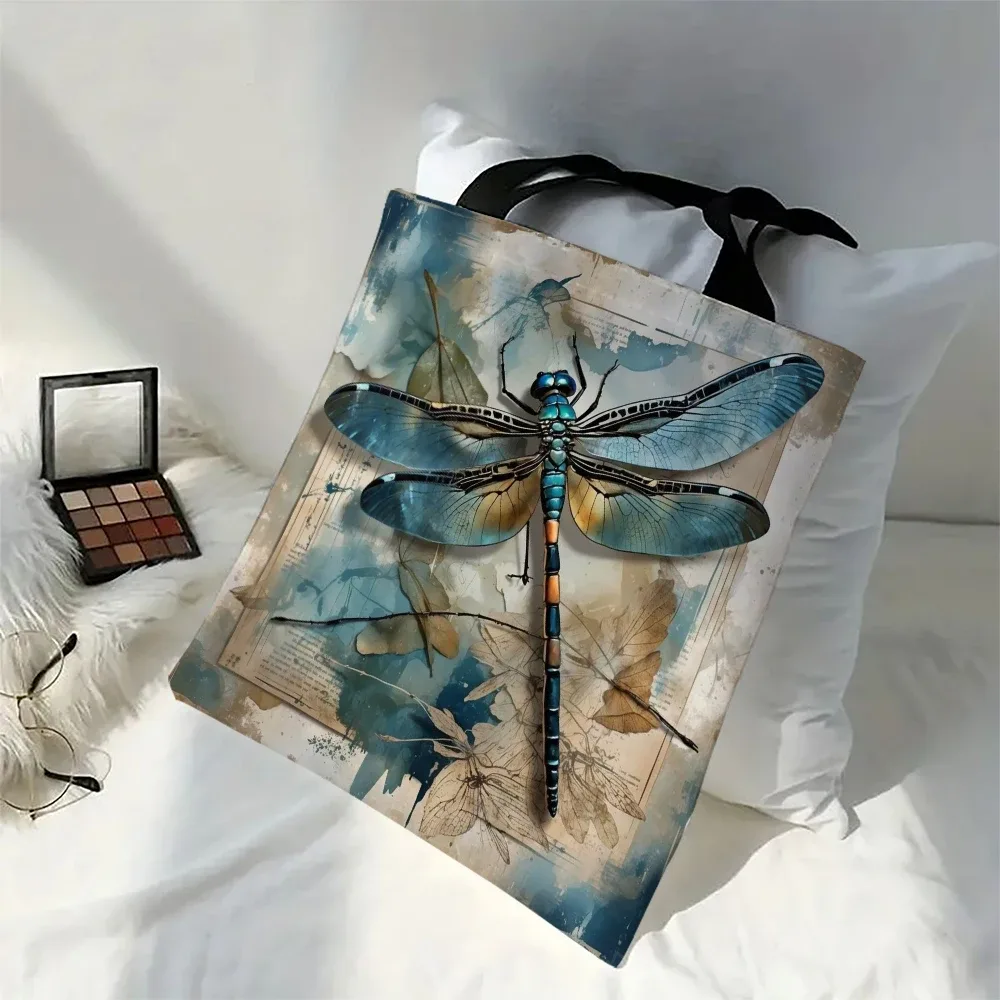 sac fourre-tout d'art libellule, sac à bandoulière de grande capacité, sac de courses réutilisable avec porte-monnaie en tissu de lin imprimé