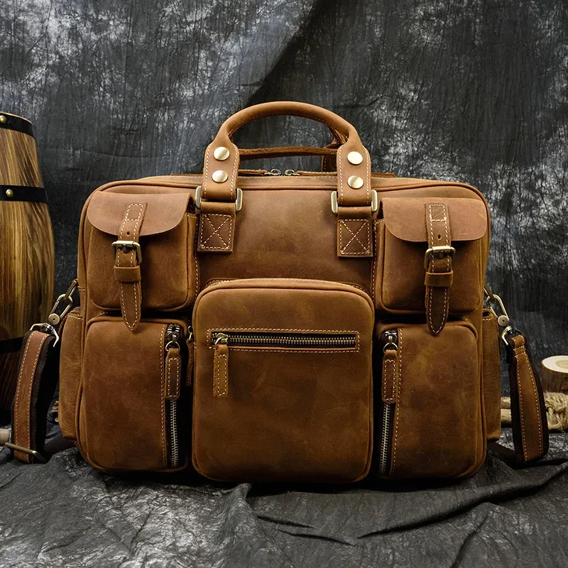 serviette vintage en cuir de cheval fou pour hommes, grand ordinateur portable, sac d'affaires en cuir véritable, fourre-tout de travail, sac de voyage, sacoche en cuir de vache