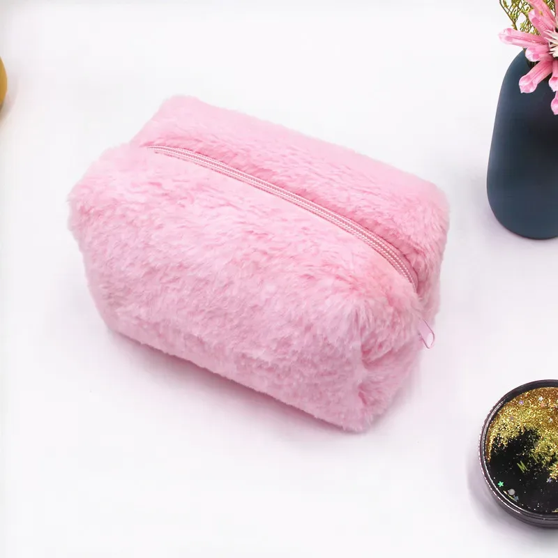 trousse de maquillage, trousse à cosmétiques mignonne en peluche rose blanc, pochette de maquillage, trousse de toilette de voyage, organisateur, sac de rangement gonflé pour femmes