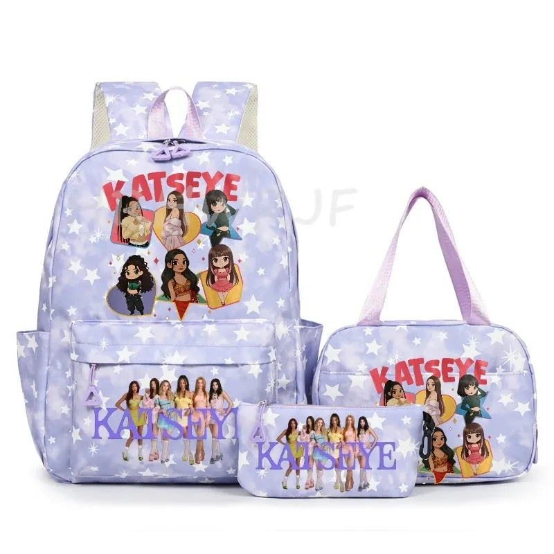 sac à dos katseye à thème musical, 3 pièces, imprimé étoiles roses, cartable amusant pour adolescents, étudiants, femmes, sac à dos pour ordinateur portable, sac de voyage mochila