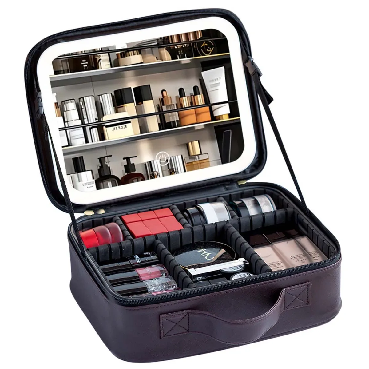 trousse de maquillage de voyage à lumière led avec miroir, grande capacité, sac de rangement avancé, étui de rangement portable, serrure à combinaison