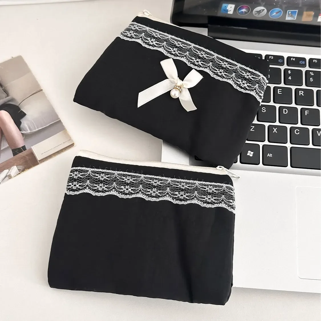 trousse de maquillage femme noire en dentelle avec nœud, grande capacité, sac de voyage cosmétique portable et mignon pour femmes