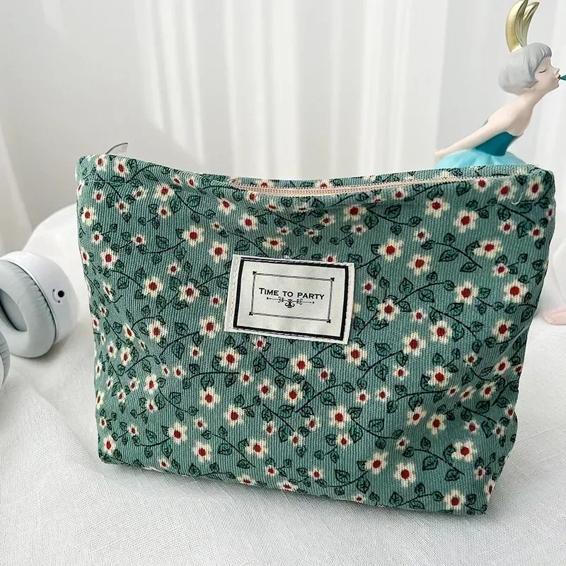 trousse à cosmétiques de beauté florale pour femme, trousse de maquillage, broderie coréenne, velours côtelé, grand sac de rangement de lavage et de toilette, poudres, voyage