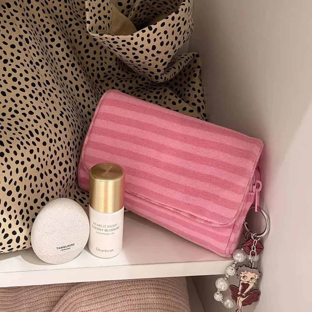 trousse de maquillage portable en toile à pois avec miroir, sac cosmétique rose rayé à fermeture éclair, pochette de voyage pour articles de toilette