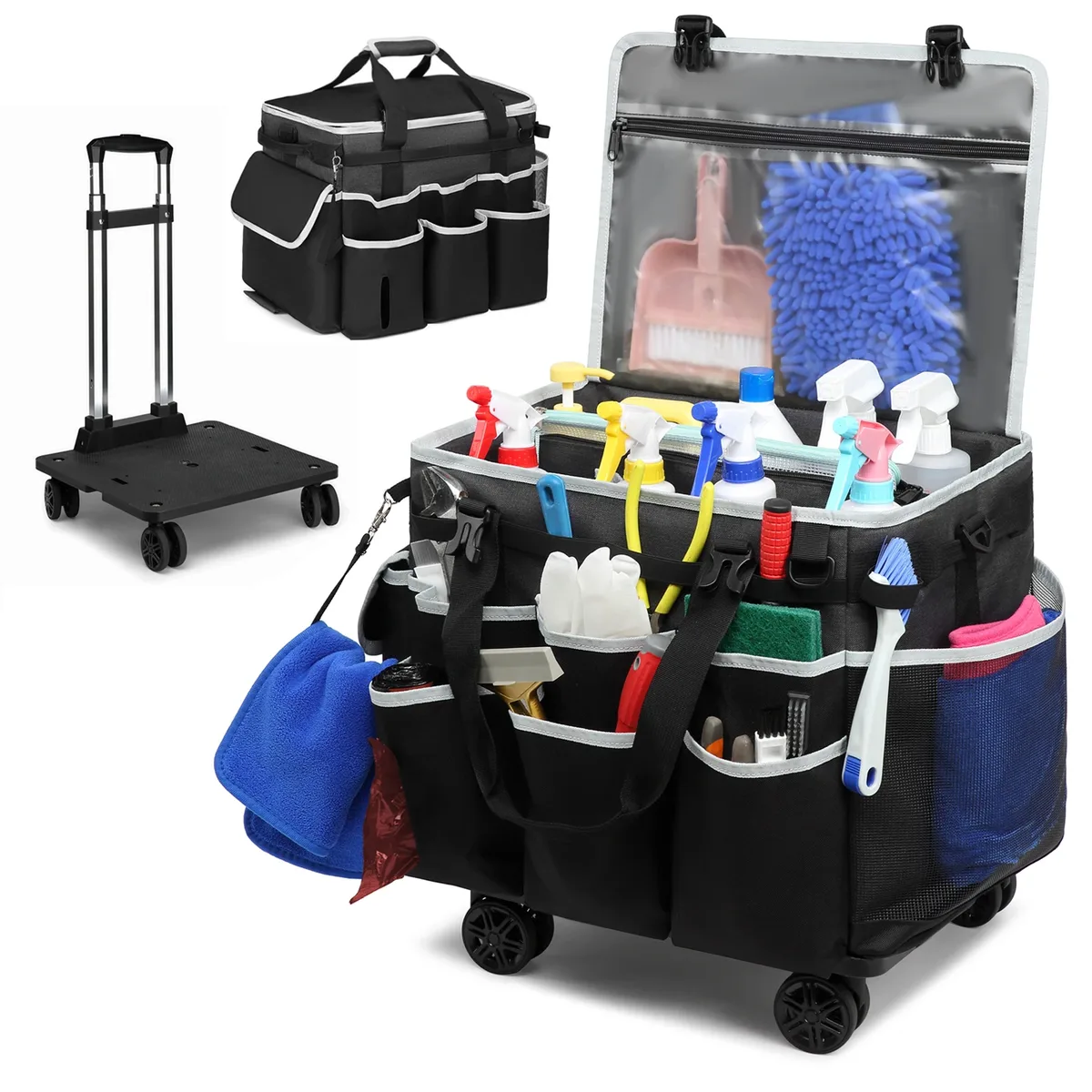 sac de caddie de nettoyage roulant, sac à outils, sac de rangement d'outils de nettoyage, grand sac de nettoyage portable professionnel avec roues, sacs oxford