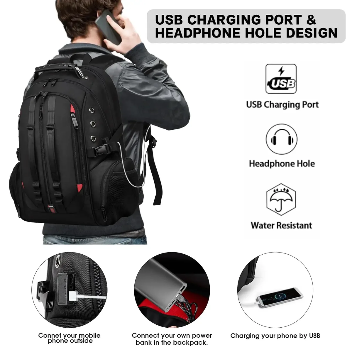 bange grand sac à dos multifonction pour ordinateur portable 40l 17 pouces sac à dos de voyage durable sac d'école pour adolescents avec port de recharge usb