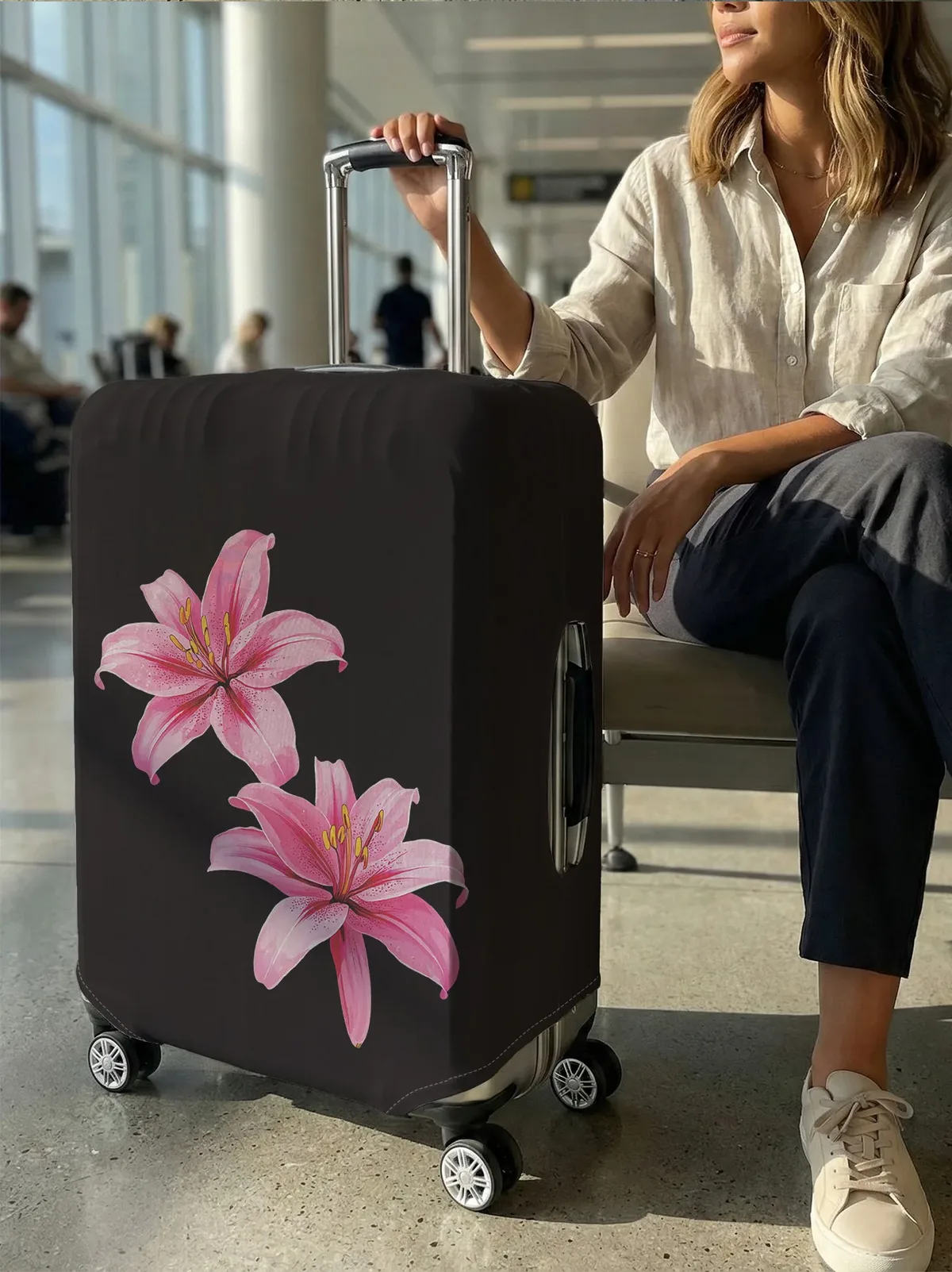 housse de bagage à motif de fleurs de lys roses sur fond noir, adaptée aux bagages de 18 à 32 pouces, protège-poignée de bagage, accessoires de voyage
