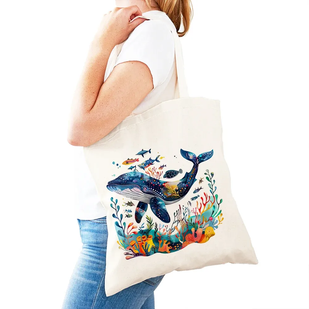 sac fourre-tout léger pour femme, motif baleine, dauphin, monde marin, sac de shopping pour fille, sac à main double impression monde des requins, sacs de shopping pour femme